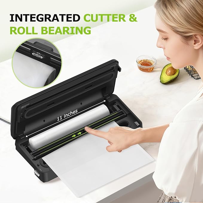 Bonsenkitchen Vacuum Sealer Machine, Built-in Cutter | Bag Storage, Multifunctional Food Sealer for Sous Vide & Meal Prep, 1 Roll Bag & 5 Pre-Cut Bags, Black-Stainless Steel