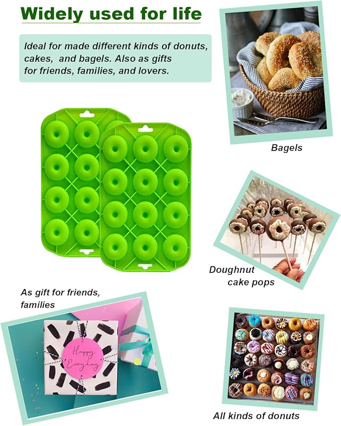 Sinoskye Mini Donut Pan for Baking, 2 Pack Donut Mold Silicone Doughnut Pan for Making Donut, Bagels, Cake, BPA Free, Green