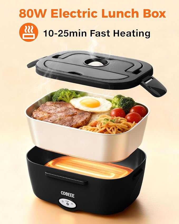 Electric Lunch Box Food Warmer-80W Fast Heating, 2 Leak-Proof SS Containers 1.5L | 12V/24V Car/Truck & 110V Home/Office |Portable Food Warmer for Drivers, Workers, Office & Travel (Black)