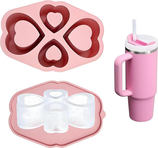 Heart Ice Cube Tray for Stanley Cup 20 30 40 OZ Tumbler Accessories Silicone Ice Cube Tray with Lid, Ice Molds&Trays for Freezer with Lid Ice Maker for Cocktails, Whisky, Juice, Coffee(30-40 OZ, Pink)
