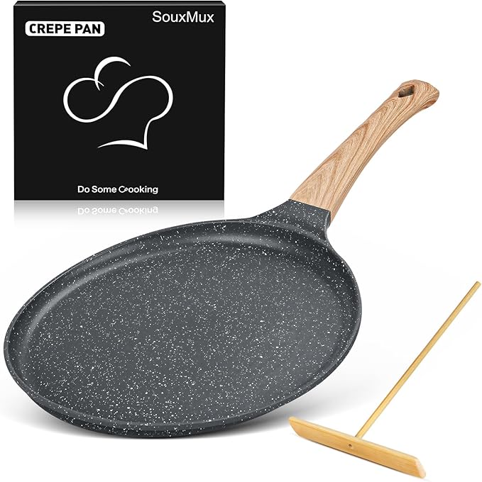 SouxMux Nonstick 9.7-Inch Crepe Pan with Spreader, Ceramic Coated Dosa Tawa Pan, Induction Compatible Flat Skillet for Pancakes, Omelettes, and More with Cool Handle, PFOA Free