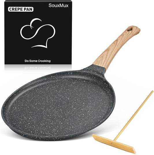 SouxMux Nonstick 9.7-Inch Crepe Pan with Spreader, Ceramic Coated Dosa Tawa Pan, Induction Compatible Flat Skillet for Pancakes, Omelettes, and More with Cool Handle, PFOA Free
