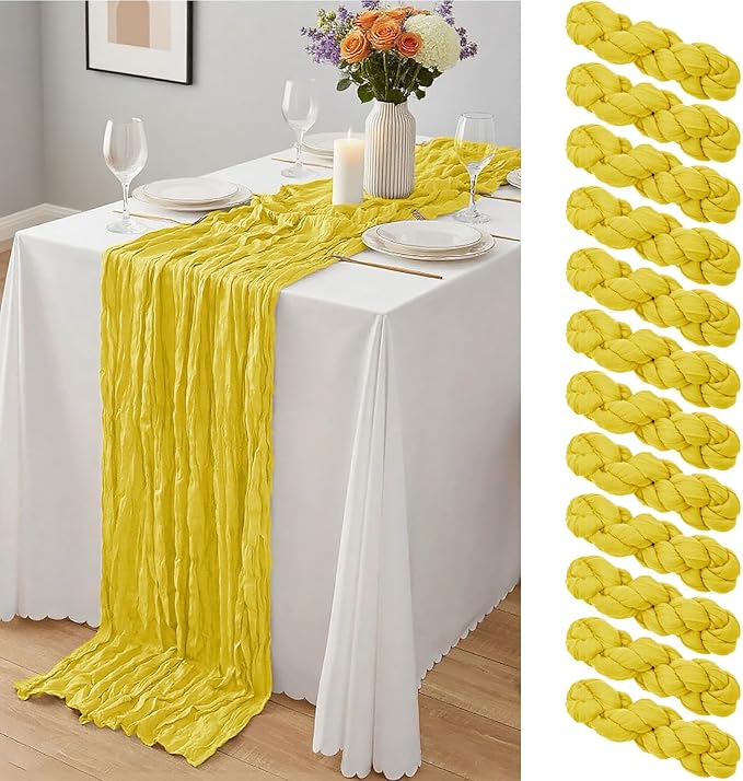 12 Pcs Lemon Yellow Cheesecloth Table Runner 10Ft, Gauze Table Runners 21.5 x 120 inch,Semi Sheer Cheese Cloth Fabric Runner Bulk for Wedding,Party,Baby Shower,Bridal Shower