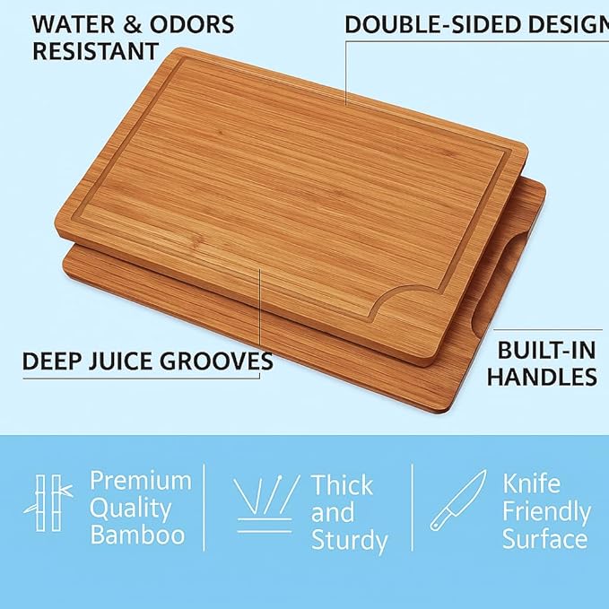 ELITE BLACKSMITH Bamboo Cutting Board Set of 3 – Crack Resistant, Eco-Friendly Cutting Boards with Deep Juice Grooves & Handles – Heavy-Duty Butcher Block for Meat, Charcuterie Board