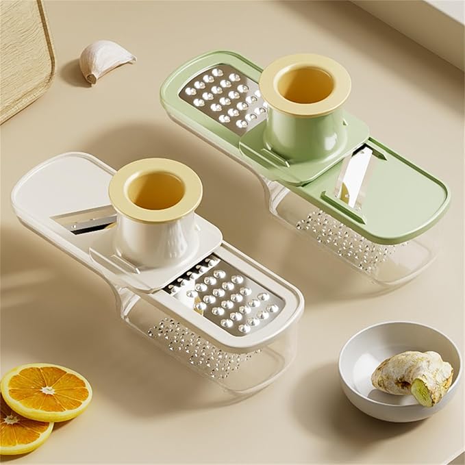 Multifunctional Garlic Grinder & Mandoline Slicer, 3-in-1 Mini Safe Garlic Slicer & Mandoline Slicer, Vegetable and Cheese Shredder, Stainless Steel Mandoline Cutter with Container (Green)