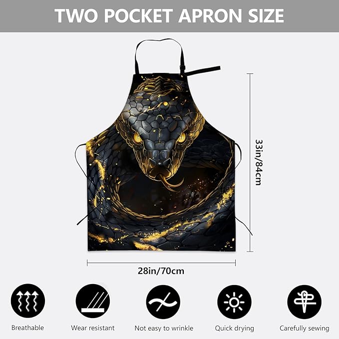 Fierce Snake Apron, Adjustable Kitchen Dramatic Scene Aprons with Pockets for Cooking BBQ Gardening, 28×33 IN, Holiday Gifts for Women Men Wife, for Chef Baking, Oxford Fabric