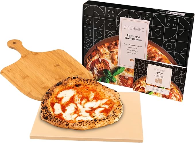 GOURMEO Pizza Stone Pan and Wooden Pizza Paddle - 15x11.8x0.6 inch - Cordiete Bread Beaking Stone w/Pizza Peel - Suitable for Oven & Grill