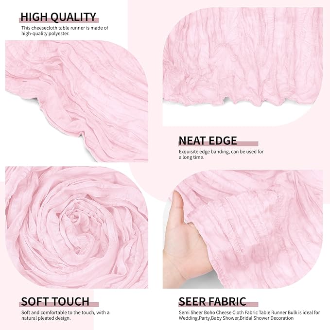 12 Pack Light Pink Cheesecloth Table Runner 10Ft, Gauze Table Runners 21.5 x 120 inch,Semi Sheer Cheese Cloth Fabric Runner Bulk for Wedding,Party,Baby Shower,Bridal Shower