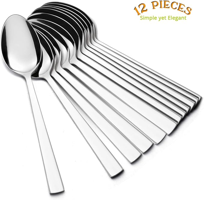E-far Teaspoon Set of 12, 6.7 Inch Stainless Steel Spoons for Kitchen or Restaurant, Non-toxic & Mirror Polished, Squared Edge & Dishwasher Safe