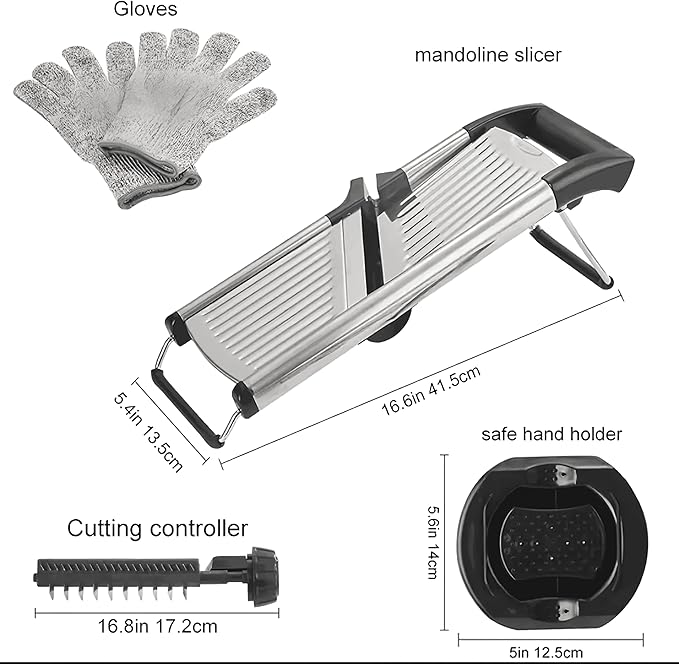 Mandoline Slicer for Kitchen, Adjustable Stainless Steel Vegetable Slicer & Chopper, Safe Mandolin Food Slicer for Potato, Onion, Tomato, Cucumber & Fruit, Julienne Blades with Cut-Resistant Gloves