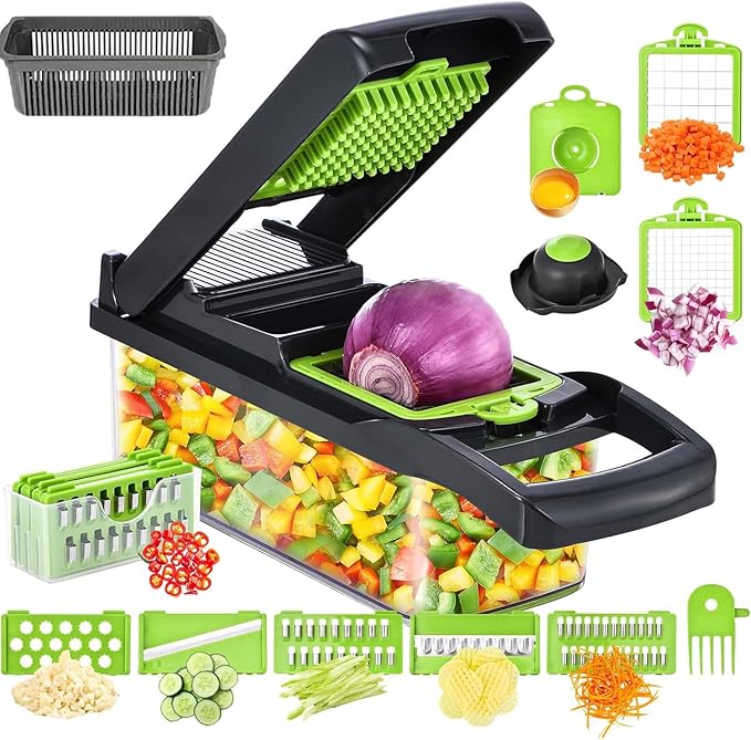 Vegetable Chopper, Food Veggie Chopper, Onion and Vegetable Slicer with Container, Dicer, Kitchen Gadget and Essential (15 in 1, Gray-Green)