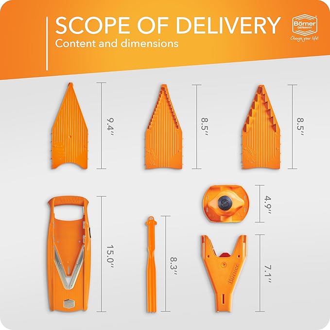 Börner Mandoline Slicer V5 (Plus Set) • Adjustable Vegetable V-Slicer with Extra Accessories + Peeler • Kitchen Slicer For Slices, Strips, Dices • Stainless Steel V-Blade • Color: Orange