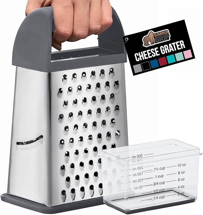 GORILLA GRIP 4-Sided Stainless Steel Cheese Grater With Container, 100% BPA-Free Box Grater, Slip Resistant Base and Handle, Grate Parmesan, Hard Cheeses, Shred Vegetables, Dishwasher Safe, Gray