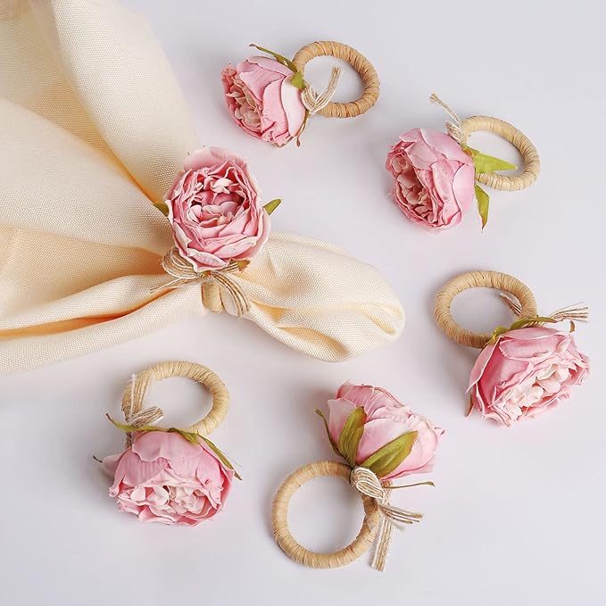 Handcraft Flower Napkin Rings Set of 6,Pink Peony Flower Handmade Napkin Holder Rings Table Decorations for Summer,Wedding,Luncheons,Picnics,Banquet, Birthday,Christmas,Valentine's, Thanksgiving
