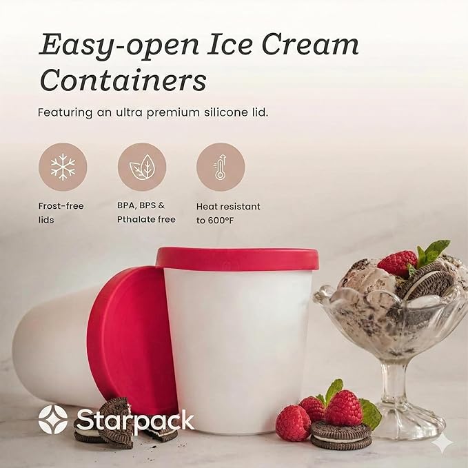 Starpack 'Freeze the Day' Ice Cream Storage Container for Freezer (2 Pcs) - 1 Quart Ice Cream Containers for Homemade Dessert - Reusable Frozen Treat Containers with Lids - Leak-Free Lids (Silicone)