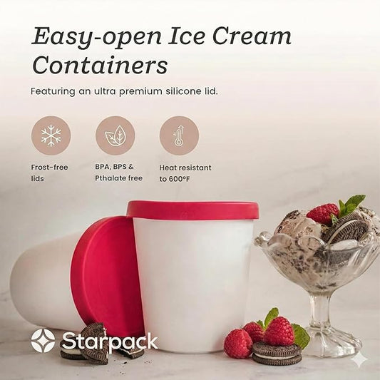 Starpack 'Freeze the Day' Ice Cream Storage Container for Freezer (2 Pcs) - 1 Quart Ice Cream Containers for Homemade Dessert - Reusable Frozen Treat Containers with Lids - Leak-Free Lids (Silicone)