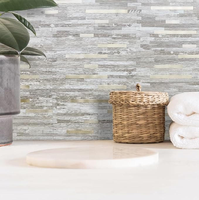 DICOFUN 10-Sheet Peel and Stick Backsplash Tile, Brown Birch Wood Look PVC Mixed Metal Gold Stick on Backsplash Tiles for Kitchen, 9.4 sq.ft