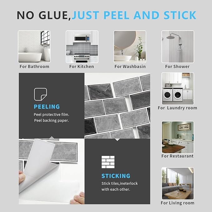 URCOLOR 10-Sheet Peel and Stick Backsplash for Kitchen,12"x12" Self Adhesive Wall Tiles Stick on Back Splashes for Bathroom Gray Marble Look