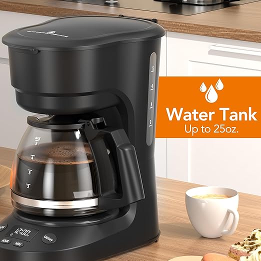 Electactic Compact 5-Cup Programmable Drip Coffee Maker — the essential coffee machine with Digital Clock, 24-hour Timer, Auto Shut-Off, and a Removable Filter Basket for Home & Office.