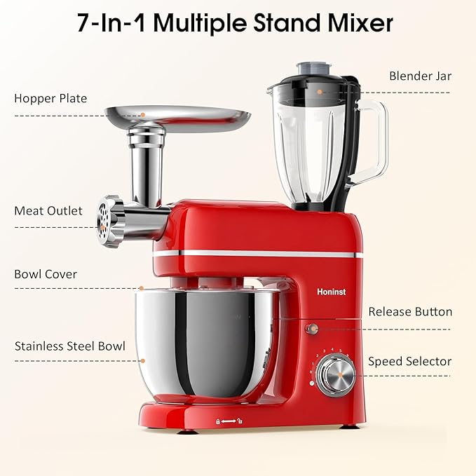 Honinst Stand Mixer, 7-IN-1 6.5QT 660W Multifunctional Electric Kitchen Mixers with Blender, Meat Grinder, Dough Hook, Whisk and Beater, 8-Speed Food Mixer for Baking, Cooking, Food Processing, Red