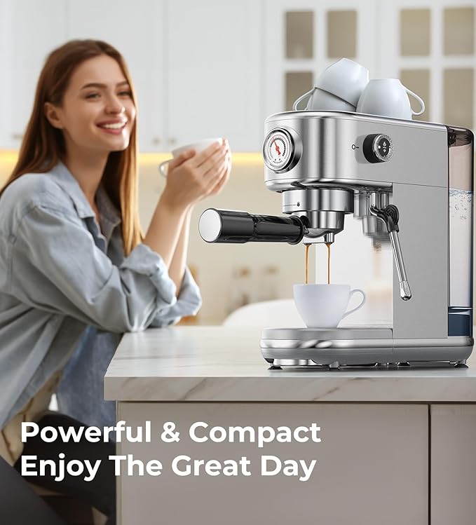 atatix Espresso Machine with Milk Frother, 20 Bar Pressure Espresso Maker, with 44OZ Removable Tank, Compact Stainless Steel Coffee Machine for Home, Office, Latte, Cappuccino, Gift for Women or Men