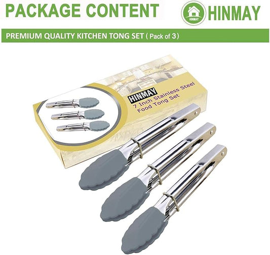 Silicone Utility Tong Kitchen Tongs 7 Inch Metal Salad Tongs, Set of 3 (Gray)