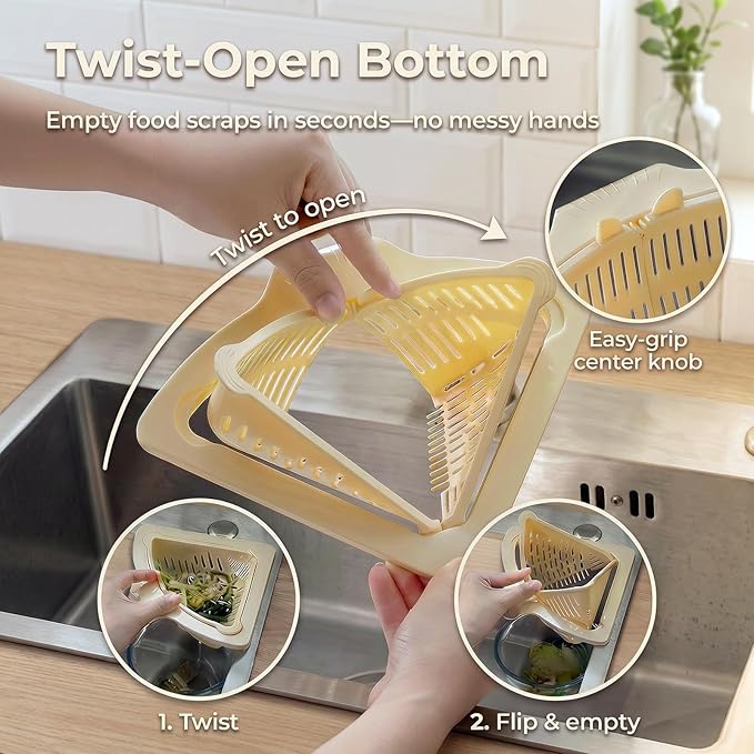 Magnetic Drainage & Filter Basket 2.0 Design, Corner Sink Strainer with Twist-Open Bottom, Triangular Drain Basket for Food Scraps & Rinsing Produce, Fits Metal Sinks (Orange)