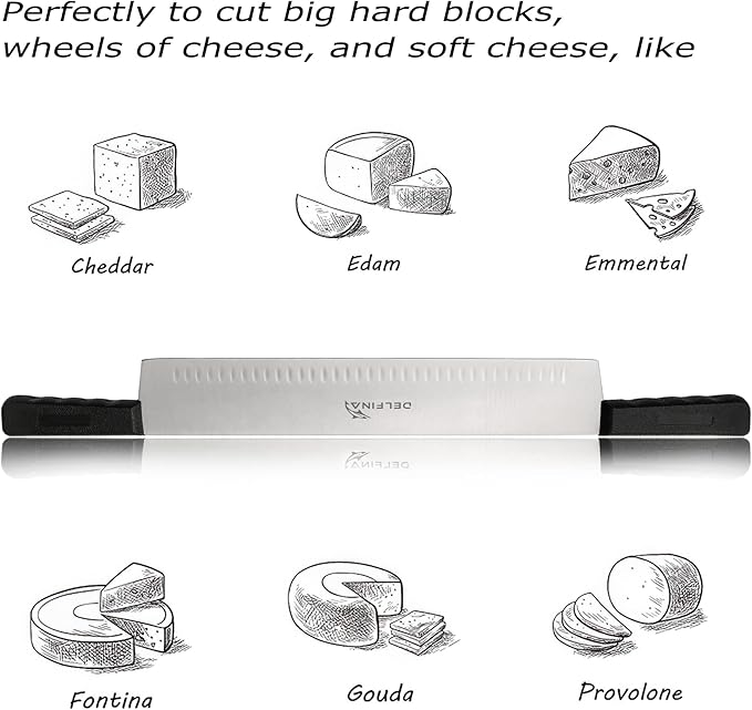 DELFINA 15 Inch Double Handle Cheese Knife with Blade Protector, Stomatal Blade with 5" Plastic Comfortable Handles, Cheese Knife for Cheese,Cakes,Vegetables,Butter,Soaps