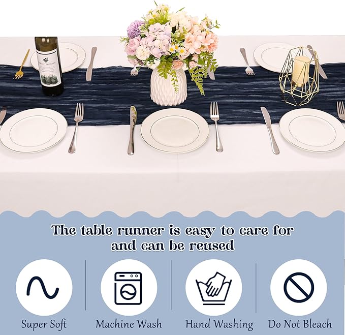 10 Pack Navy Blue Cheesecloth Table Runner 10FT Boho Gauze Fabric Table Runner Vintage Rustic Sheer Runners for Wedding Party Bridal Baby Shower Long Table Decorations
