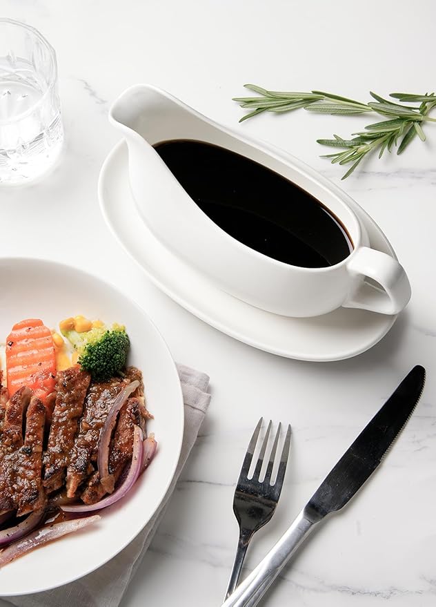 Gurygo Gravy Boat and Tray - 14oz Fine Porcelain Sauce & Salad Dressing Boat -Ceramic Sauce Boat for Gravy, Salad Dressings, Microwave & Freezer Safe (White)