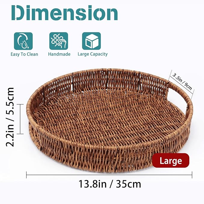 SEDISON Rattan Tray 13.8 inch / 35cm Hand Woven Wicker Tray for Coffee Table Home Kitchen Decorative, Large Rattan Serving Tray