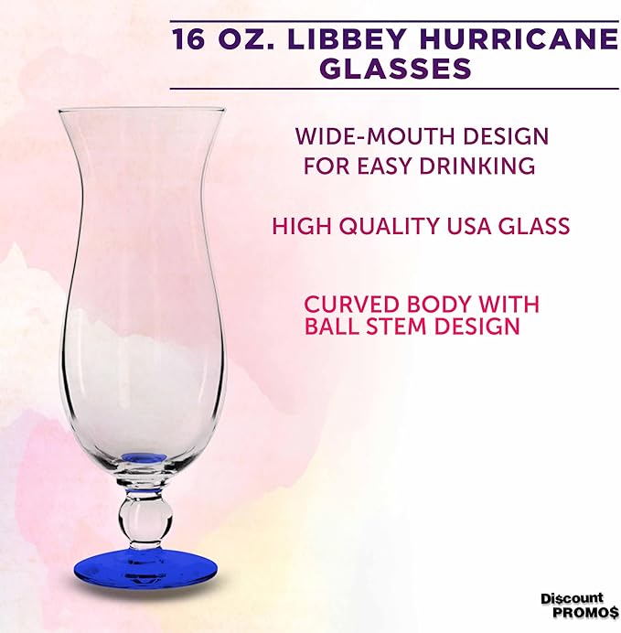 DISCOUNT PROMOS Libbey Hurricane Glasses 16 oz. Set of 12, Bulk Pack - Branded Drinkware for Cocktail, Pina Colada or Mudslide - Blue