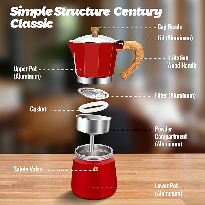 Vaolvpant 12 Cup Aluminum Moka Pot Classic Stovetop Espresso Coffee Maker 600ml 20oz Coffeemaker Percolator Mocha Pot Greca Coffee Maker Cafe Makers for Italian and Cuban Café Brewing Red