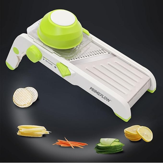 Adjustable Stainless Steel Mandoline Slicer – Multifunctional Vegetable Cutter & Julienne Tool with Safety Guard and Container – Ideal for Potatoes, Cucumbers, Carrots, Onions, Tomatoes