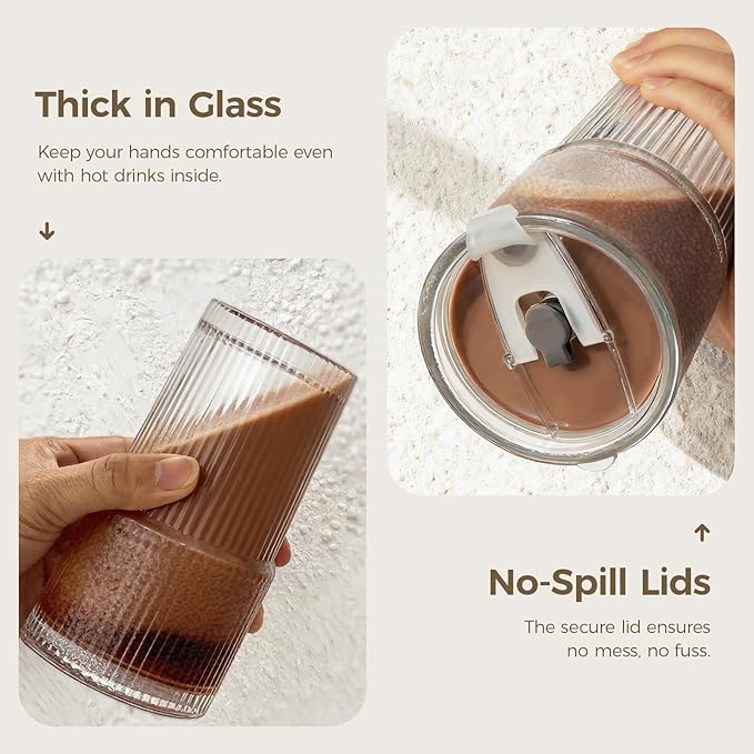 18oz Glass Tumblers with Lids and Straws, Set of 2 - Stylish Vintage Ribbed Design for Iced Coffee, Juice, Smoothies, Milkshakes, Cocktails & More - Perfect for Daily Use