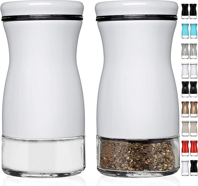 Salt and Pepper Shakers Set with Adjustable Pour Holes by CHEFVANTAGE - White