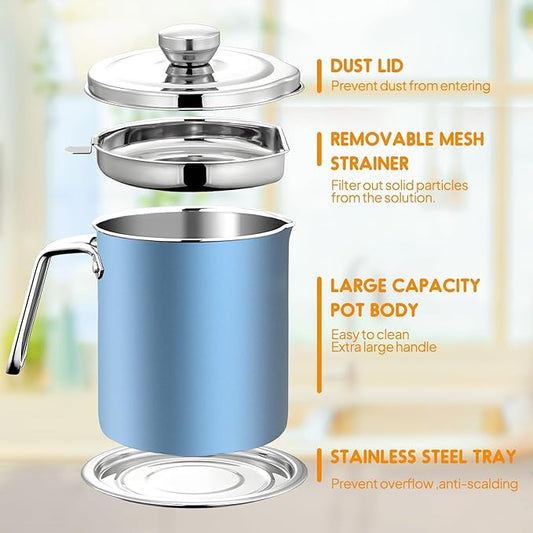 Chihee Stainless Steel Bacon Grease Saver - 2L / 67.6 fl oz Oil Container with Fine Mesh Strainer and Non-slip Tray for Kitchen Storing Frying Cooking Grease
