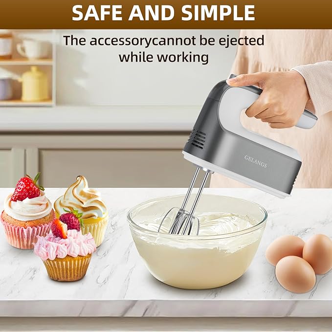 GELANGS-400W Hand Mixer with Turbo Boost - 5-Speed, One-Touch Release, Copper Motor - 3 Dishwasher-Safe Attachments - 110V Heavy Duty Mixer for Baking, Whipping & Dough