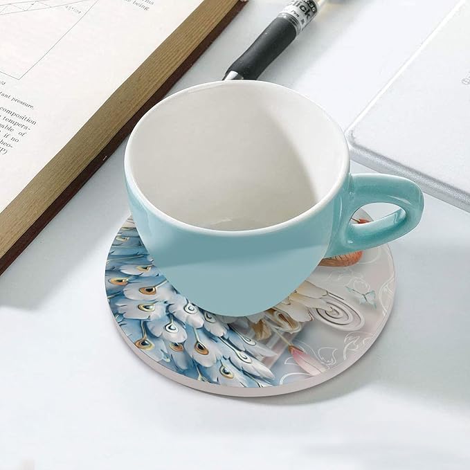 Peacock Drink Coasters, Round Ceramic Drink Coaster Round-4PCS, Vintage Country Flower Beautiful Peacock Floral Decor Absorbent Ceramic Coasters for Beverage Cup, Bar, Coffee Table