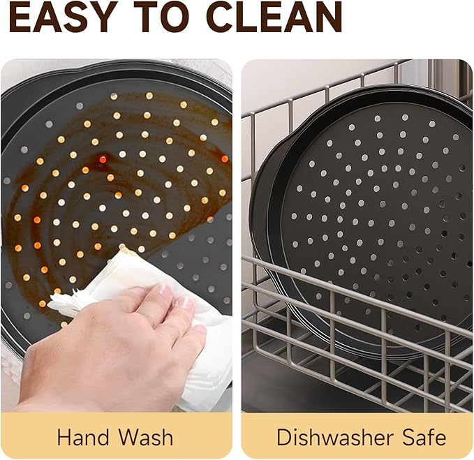 Arimagroup 2 Pack 13 Inch Pizza Pan for Oven,Round Carbon Steel Pizza Pan with Holes, Pizza Tray with 2 Silicone Gloves，for Baking, Grilling