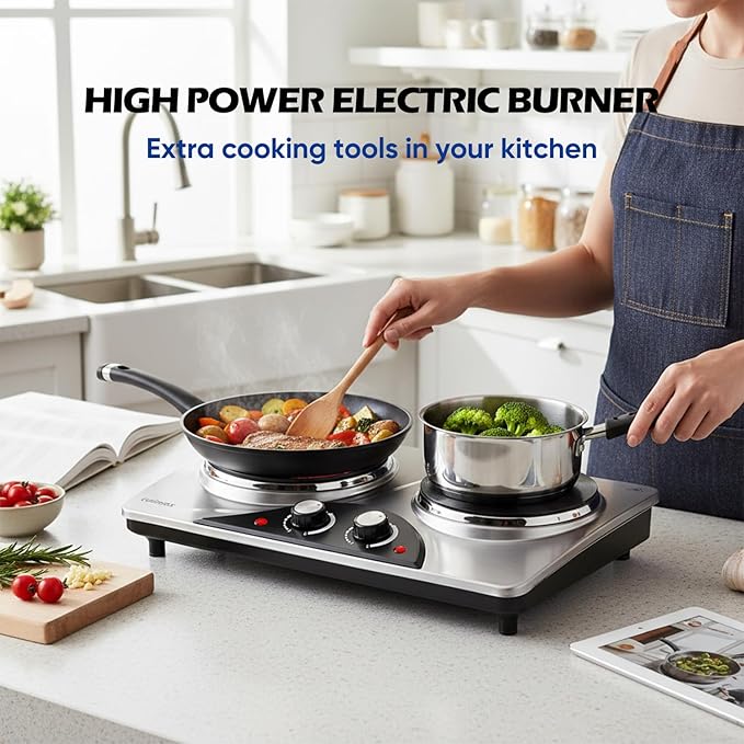 Double Burner, CUSIMAX 1800 Watts Electric Hot Plate for Cooking, Countertop Burner Portable Cast Iron Hot Plates with Dual Adjustable Temperature, Easy to Clean, Sliver