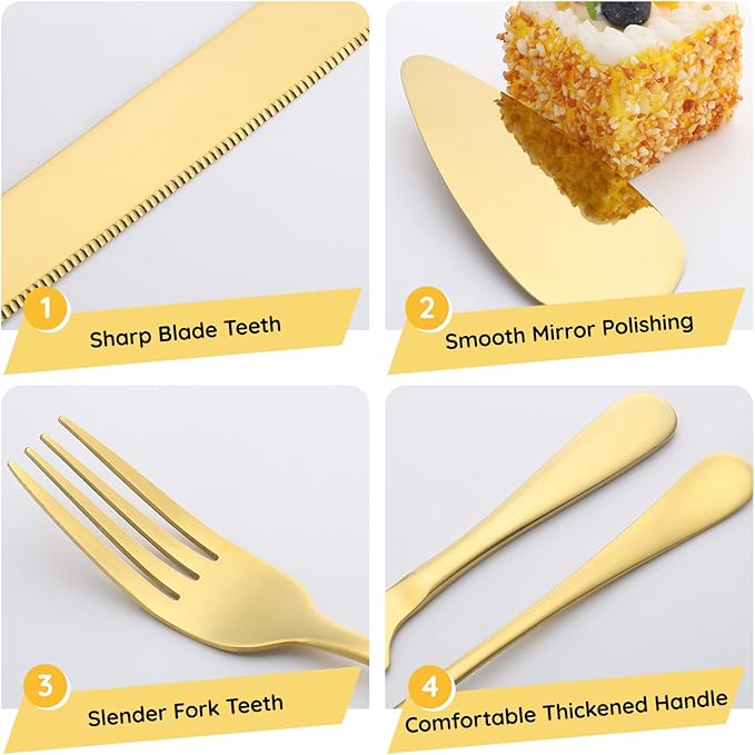 SUREAM Gold Cake Cutter 11 Inch, 4 Pieces Wedding Cake Cutting Set, Pie Server Utensil for Wedding, Birthday, Parties, Anniversary, Engagements