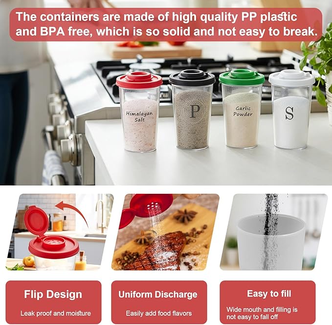 Plastic Salt and Pepper Shakers Set with 4 Color Lids & 20 Labels – Clear Spice Jars, Reusable, Refillable Seasoning Containers for Kitchen, Cooking, Baking – Easy Storage & Organization