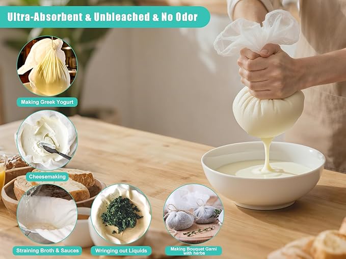 Olicity Cheese Cloths, 2PCS, Double-Layer, 20x20Inch, Reusable Grade 90 Cheese Cloth Bag for Straining, Hemmed Unbleached Cotton Precut Fine Mesh Muslin Cheesecloth for Juicing, Butter, Canning