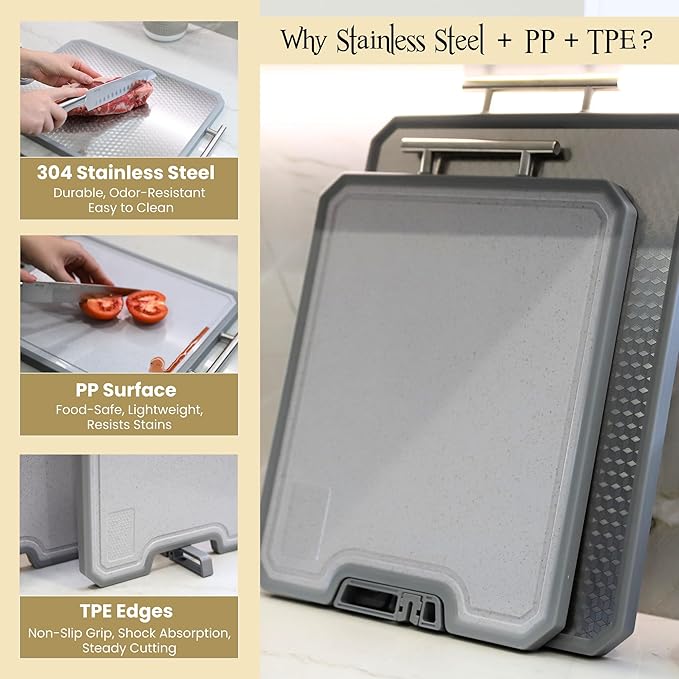 MUGAA Stainless Steel Cutting Board, Double-Sided 304 Stainless Steel & PP, Built-In Knife Sharpener, Non-Slip Juice Groove, Dishwasher Safe Steel Cutting Boards For Kitchen, Large (17.7" x 12.6")
