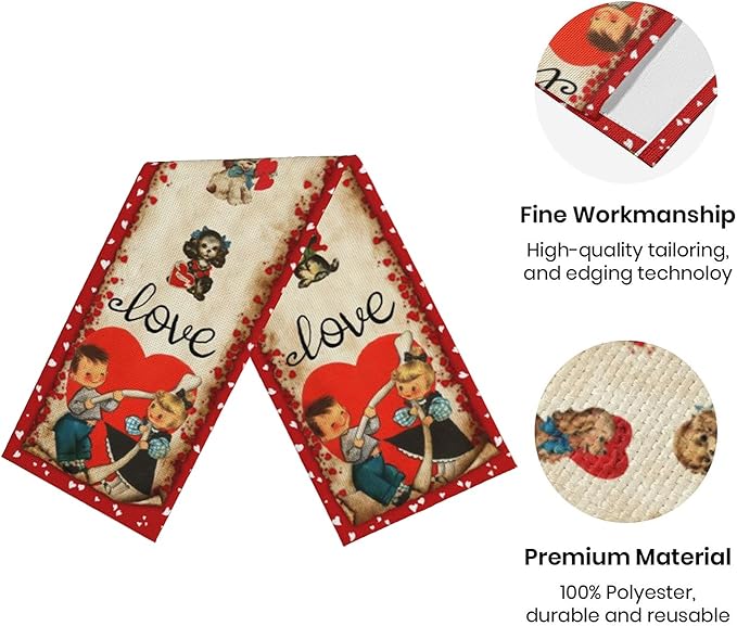 Vintage Valentine's Day Table Runner Valentines Decorations - Red Love Vintage Style Boys and Girls Valentines Day Anniversary Home Kitchen Dining Table Decor, Valentines Party Decor 13 x 72 Inch