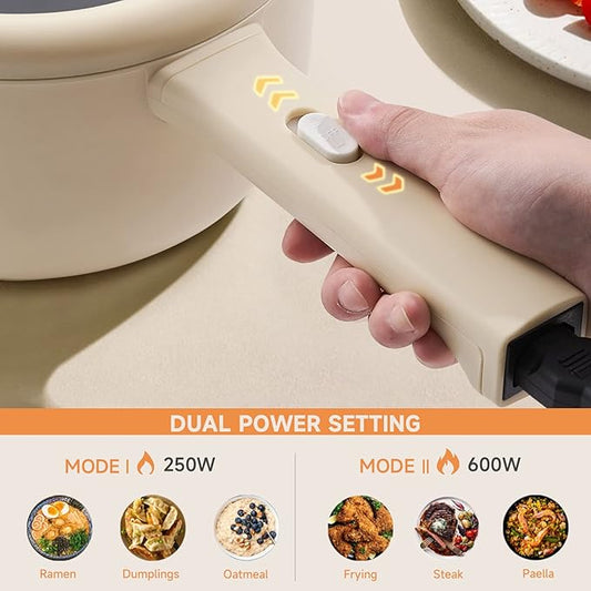 Dezin Electric Cooker, 2L Non-Stick Sauté Pan, Rapid Noodles Cooker, Mini Pot for Steak, Egg, Fried Rice, Ramen, Oatmeal, Soup with Power Adjustment, College Dorm Room Essential(Egg Rack Included)