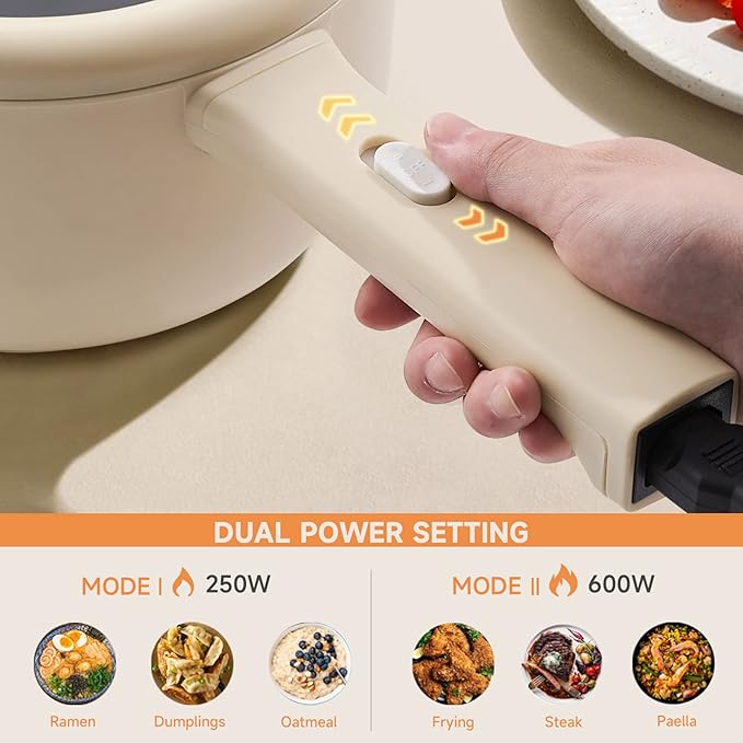 Dezin Electric Cooker, 2L Non-Stick Sauté Pan, Rapid Noodles Cooker, Mini Pot for Steak, Egg, Fried Rice, Ramen, Oatmeal, Soup with Power Adjustment, College Dorm Room Essential