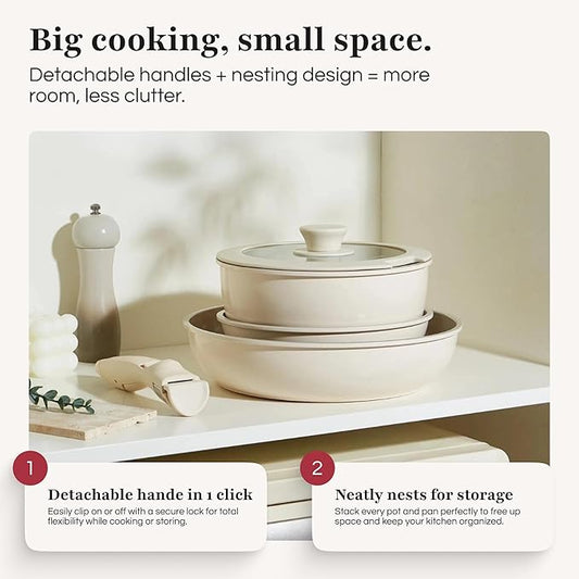 GOURMETIFIC® Pots and Pans Cookware Set [11 PIECES] - Non Toxic Ceramic Coated Cooking Ware - Induction, Gas & Oven Kitchenware - Non Stick Pot & Pan with Removable Handles & Stackable (Blush Pink)