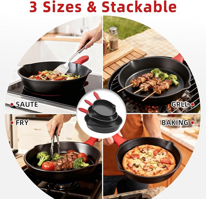 Cast Iron Skillet 3 piece set, cookware set 6, 8, 10 Inches, for frying, saute, &more, easy use in the oven, stove, grill, or campfire, black, with silicone heat-resistant cover